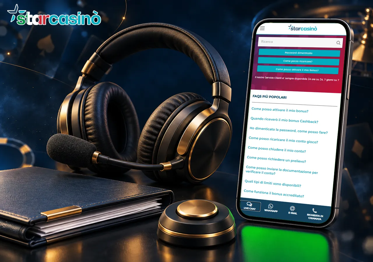 Starcasino compare sulla pagina di supporto del telefono, con cuffie e campanello